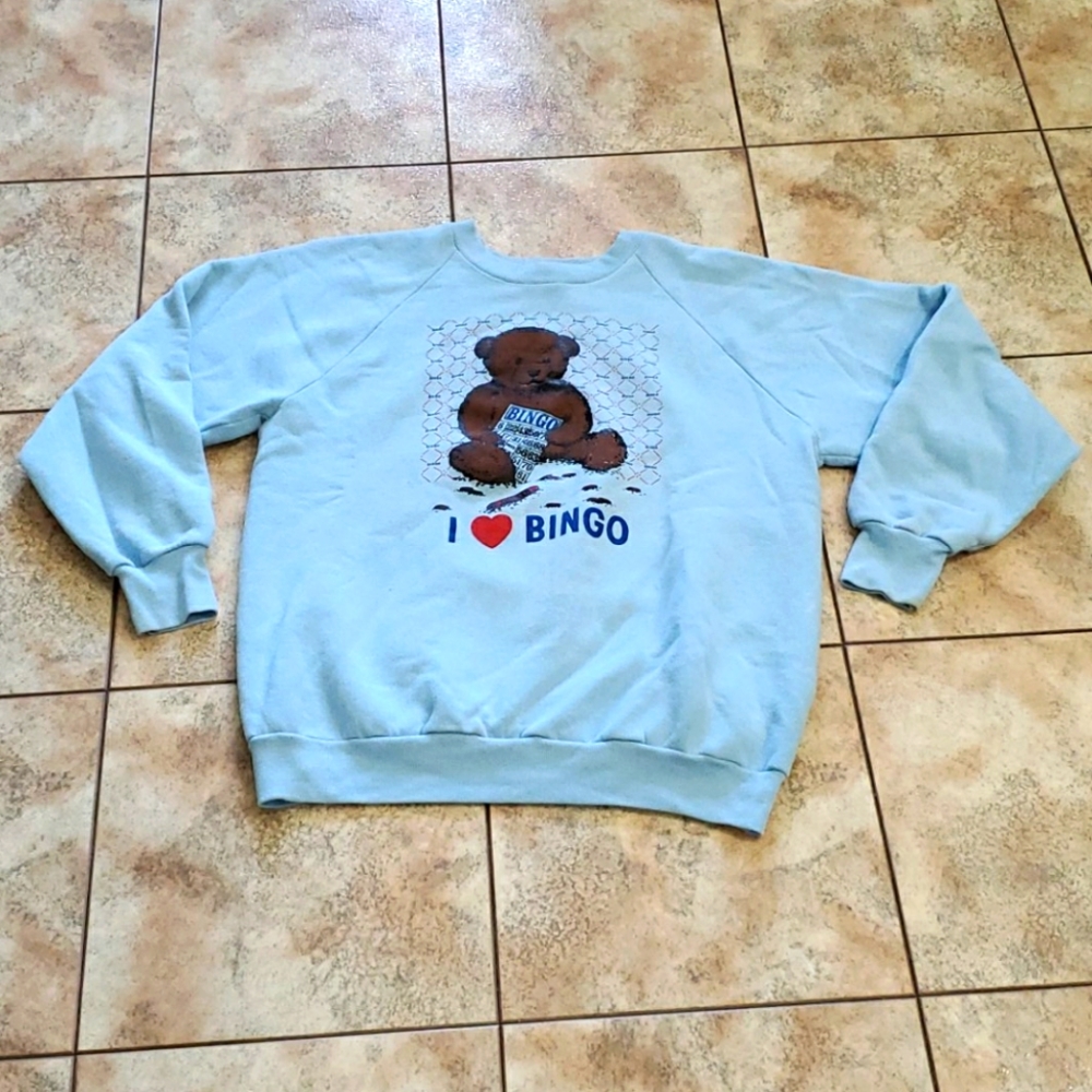 Vintage Bingo Sweatshirt Blue Graphic Pullover Y2K Grunge Cozy Retro Size L